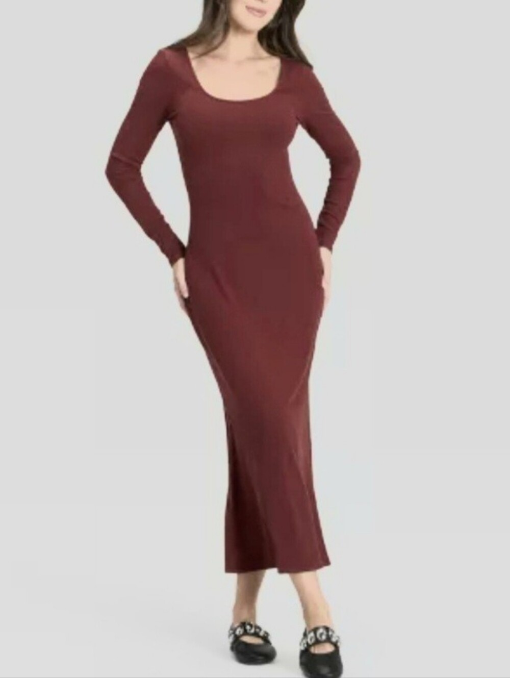 A New Day Women's Long Sleeve Rib- Knit Maxi Dress Maroon Size XS NWOT